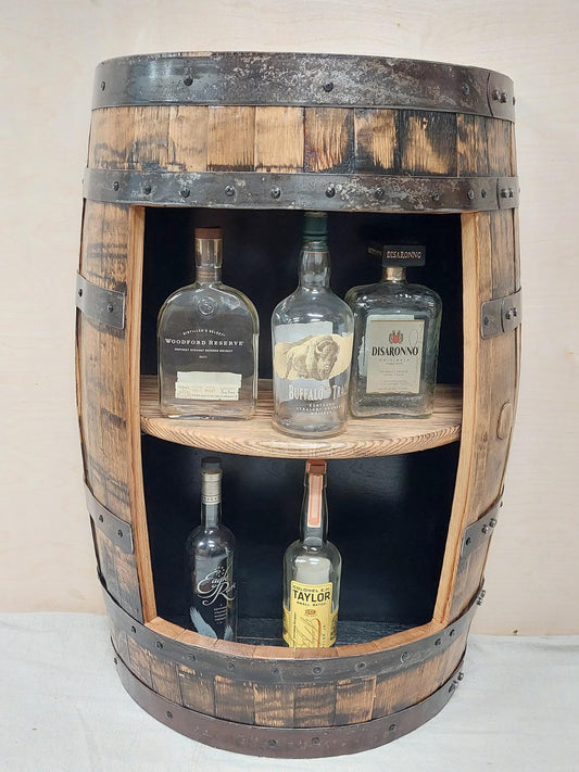 Half Barrel Bourbon Cabinet | Handcrafted Whiskey Barrel Furniture | Rustic Liquor Cabinet with Shelf & Optional LED Lights