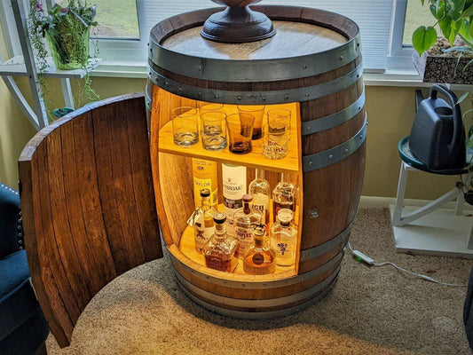Handcrafted Wine Barrel Liquor Cabinet – Lazy Susan Shelf, Lockable Door, LED Lights – Rustic Home Bar Storage, Indoor Use Only