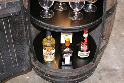 Rustic Whiskey Barrel Cabinet | Beer Barrel Bar with Lazy Susan Shelves, Motion LED Lights & Wheels | Reclaimed Barrel Storage- Hinged Door