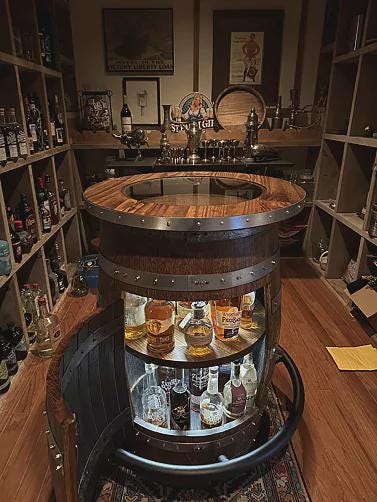 Refurbished Whiskey Barrel Open Display Cabinet | Rustic Bourbon Barrel Shelf | Home Bar Decor | Handcrafted Oak Furniture