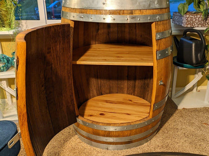 Handcrafted Wine Barrel Liquor Cabinet – Lazy Susan Shelf, Lockable Door, LED Lights – Rustic Home Bar Storage, Indoor Use Only