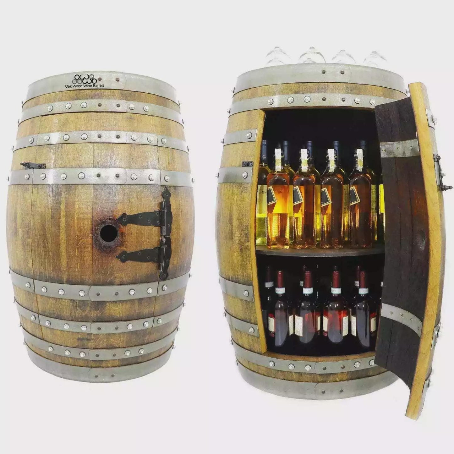 Wine Barrel Bar Cabinet With Storage | Pub Table -Barrel Bar -Whiskey Barrel Bar