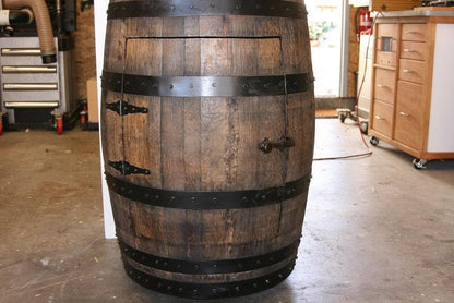 Rustic Whiskey Barrel Cabinet | Beer Barrel Bar with Lazy Susan Shelves, Motion LED Lights & Wheels | Reclaimed Barrel Storage- Hinged Door