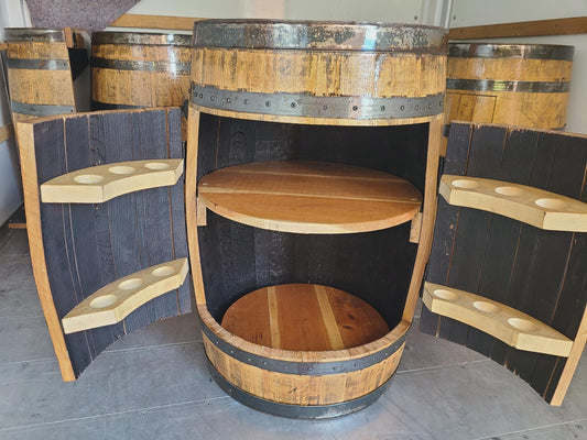 Full Whiskey Barrel Bar Cabinet with Shelves & Glass Holders – Rustic Liquor Storage, Handmade Bourbon Barrel Furniture, Lockable Doors