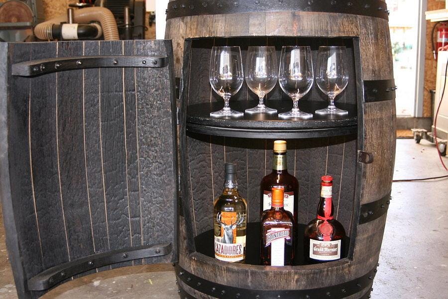 Rustic Whiskey Barrel Cabinet | Beer Barrel Bar with Lazy Susan Shelves, Motion LED Lights & Wheels | Reclaimed Barrel Storage- Hinged Door