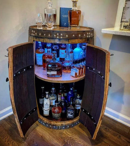 Rustic Barrel Mini Bar Cabinet with LED Lighting – Vintage Whiskey Storage Cabinet