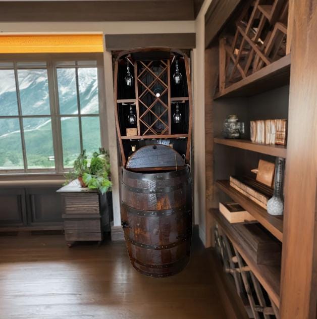 Hutch Wine Bar Cabinet Holds 7 Wine Bottles and 20 Wine Glasses, Hand Made Solid Wood Barrel Construction