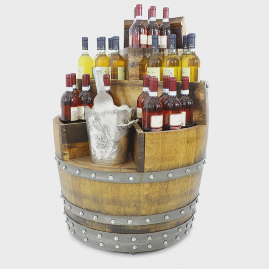 Wine Barrel Bar Cabinet with Top Shelf | Hidden Storage & Bottle Rack | Whiskey Barrel Liquor Cabinet on Wheels