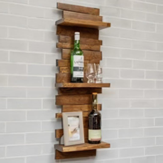 Whiskey Barrel Stave Wall Shelf – 3-Tier Rustic Oak Display Rack for Bottles, Glassware & Decor – Handcrafted Bourbon Barrel Home Bar Shelf