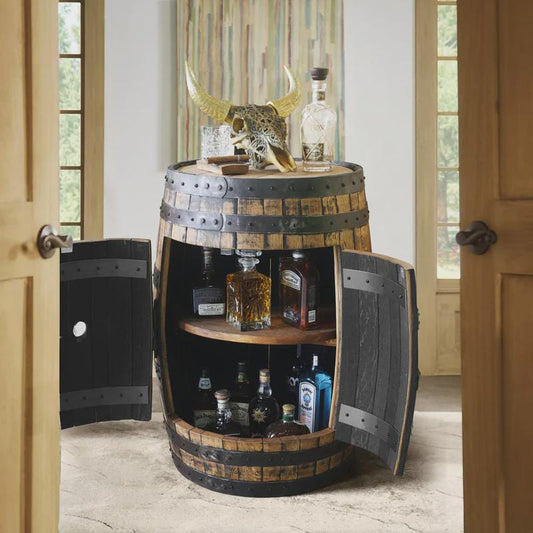 Full Whiskey Barrel Liquor Cabinet | Reclaimed Barrel Bar with Shelves & Doors | Rustic Man Cave Bar Furniture | Handcrafted Storage