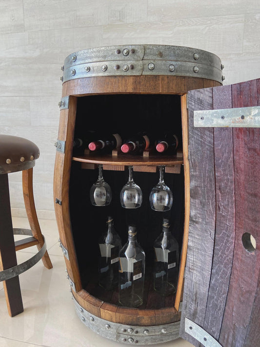 Handmade Bourbon Wine Barrel Cabinet – Whiskey Bar with Door Storage & Stemware Rack – Rustic Oak Liquor Cabinet – Wine Barrel Bar Furniture