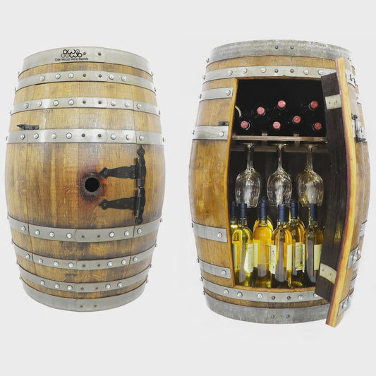 Handmade Bourbon Wine Barrel Cabinet – Whiskey Bar with Door Storage & Stemware Rack – Rustic Oak Liquor Cabinet – Wine Barrel Bar Furniture