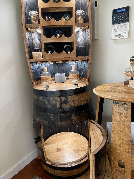 Hutch Wine Bar Cabinet Holds 7 Wine Bottles and 20 Wine Glasses, Hand Made Solid Wood Barrel Construction