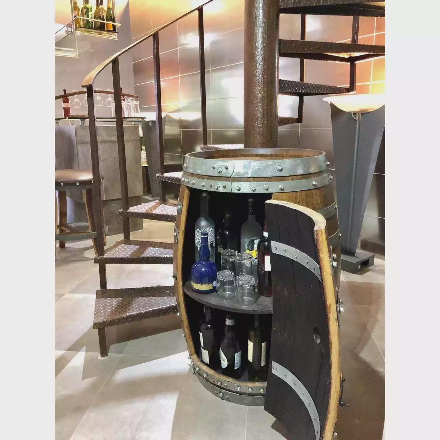 Wine Barrel Bar Cabinet With Storage | Pub Table -Barrel Bar -Whiskey Barrel Bar