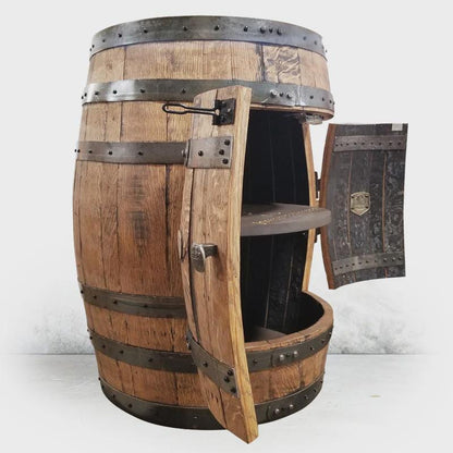 Full Whiskey Barrel Liquor Cabinet | Reclaimed Barrel Bar with Shelves & Doors | Rustic Man Cave Bar Furniture | Handcrafted Storage