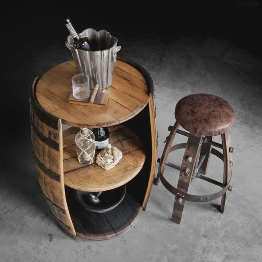 Split Whiskey Barrel Cabinet | Open-Shelf Reclaimed Barrel Bar for Kitchen or Coffee Station | Rustic Display Storage | Handcrafted