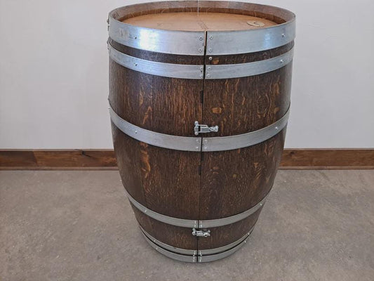Full Wine Barrel Bar with Vertical Opening |Custom Storage Bar Made from Reclaimed Wine Barrels | 5 Compartments | Rustic Home Bar Furniture