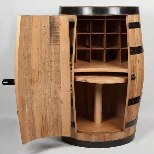 Antique Whiskey Barrel Mini Bar & Wine Rack – Vintage Elegance for Home