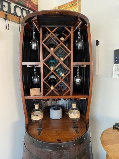 Hutch Wine Bar Cabinet Holds 7 Wine Bottles and 20 Wine Glasses, Hand Made Solid Wood Barrel Construction