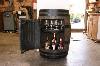 Rustic Whiskey Barrel Cabinet | Beer Barrel Bar with Lazy Susan Shelves, Motion LED Lights & Wheels | Reclaimed Barrel Storage- Hinged Door