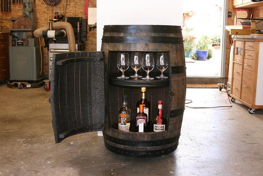 Rustic Whiskey Barrel Cabinet | Beer Barrel Bar with Lazy Susan Shelves, Motion LED Lights & Wheels | Reclaimed Barrel Storage- Hinged Door