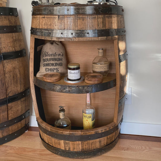 Half Whiskey Barrel Cabinet with Shelves – Rustic Mini Bar Side Table, Handmade Bourbon Barrel Furniture, Solid Wood Liquor Storage Rack